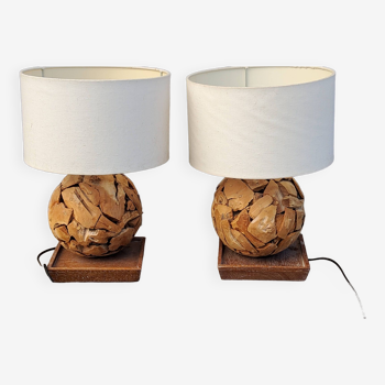 Pair of spherical lamps in brutalist wood with laminated fabric shades