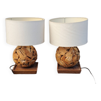 Pair of spherical lamps in brutalist wood with laminated fabric shades