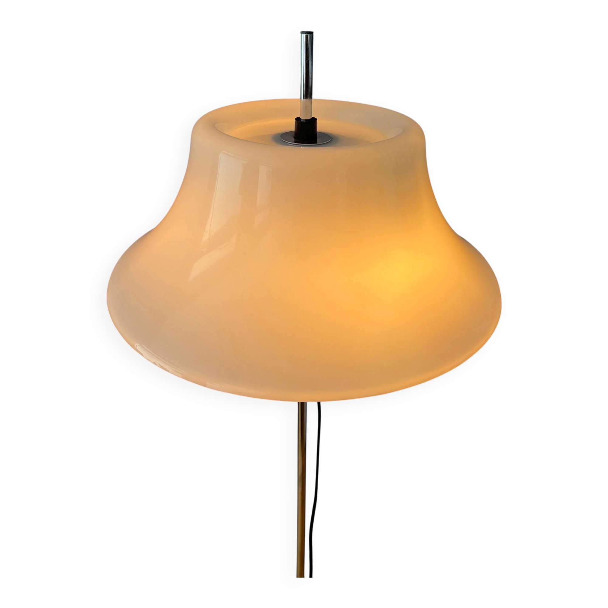 Vintage Space Age floor lamp with white plexiglass UFO shade.