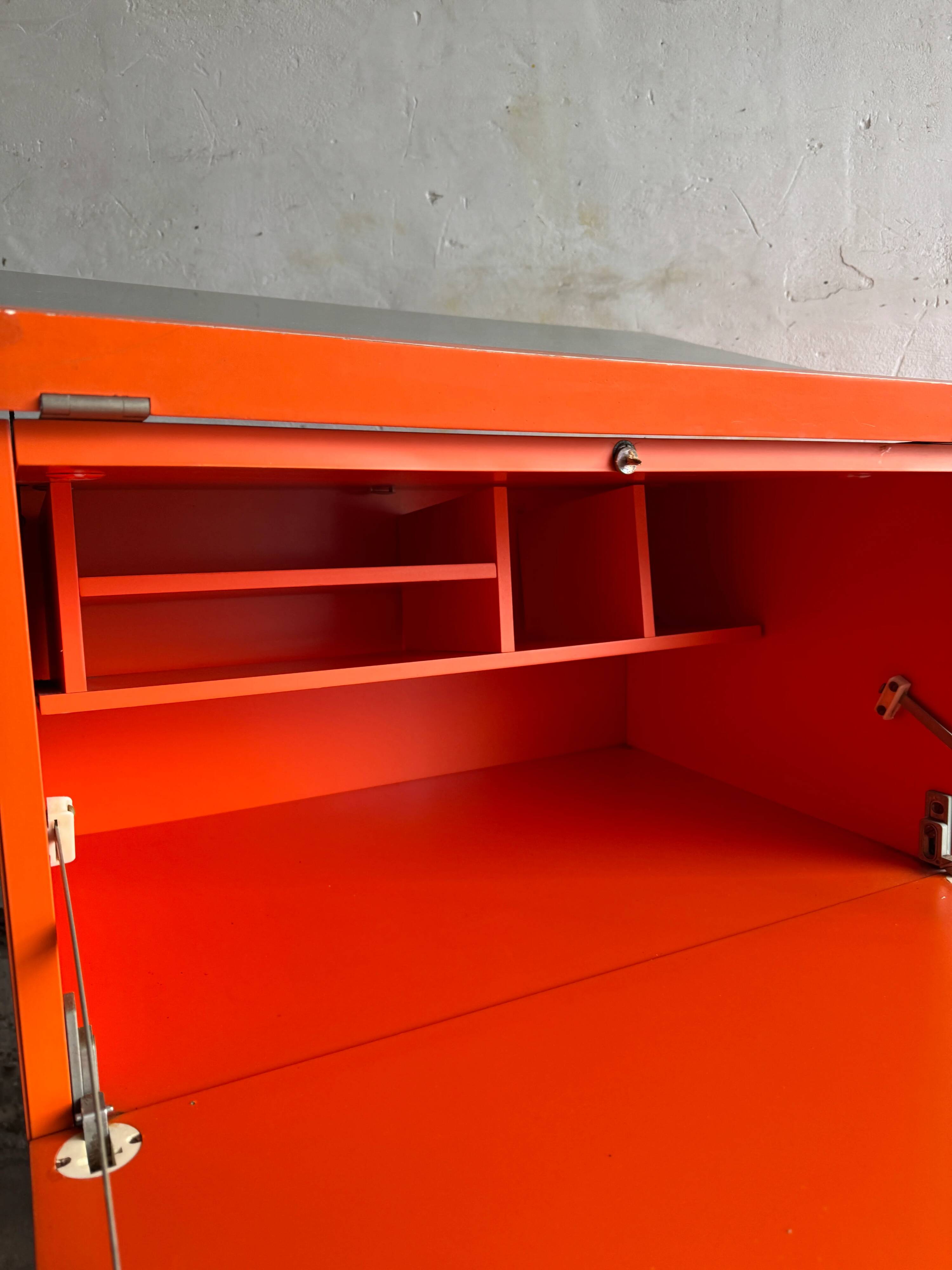1980 Brown Wood Chest of Drawers with Fold-Out Work Surface and Angled Desktop