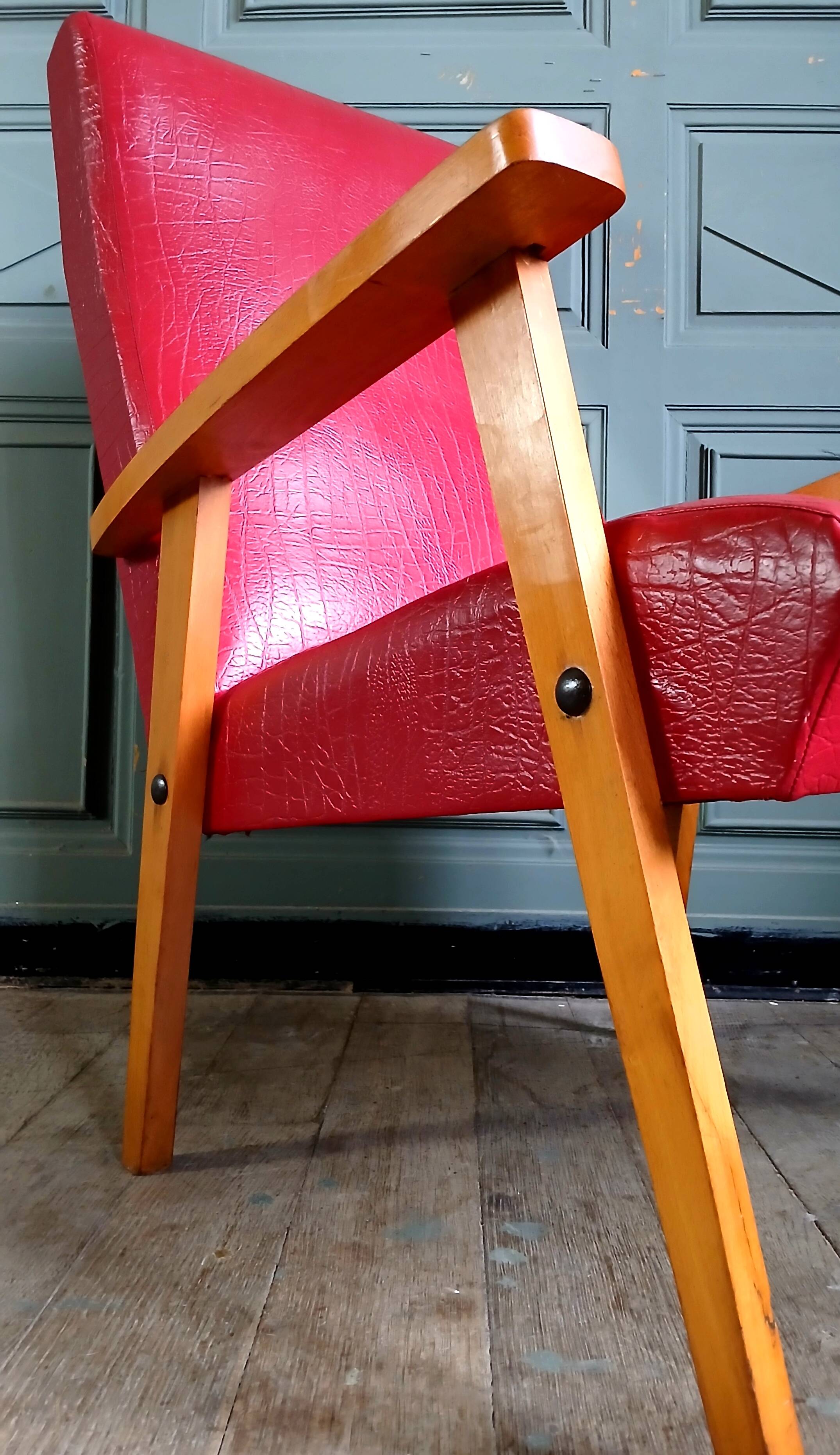 Compass leg armchair in solid beech & red crocodile-effect faux leather
