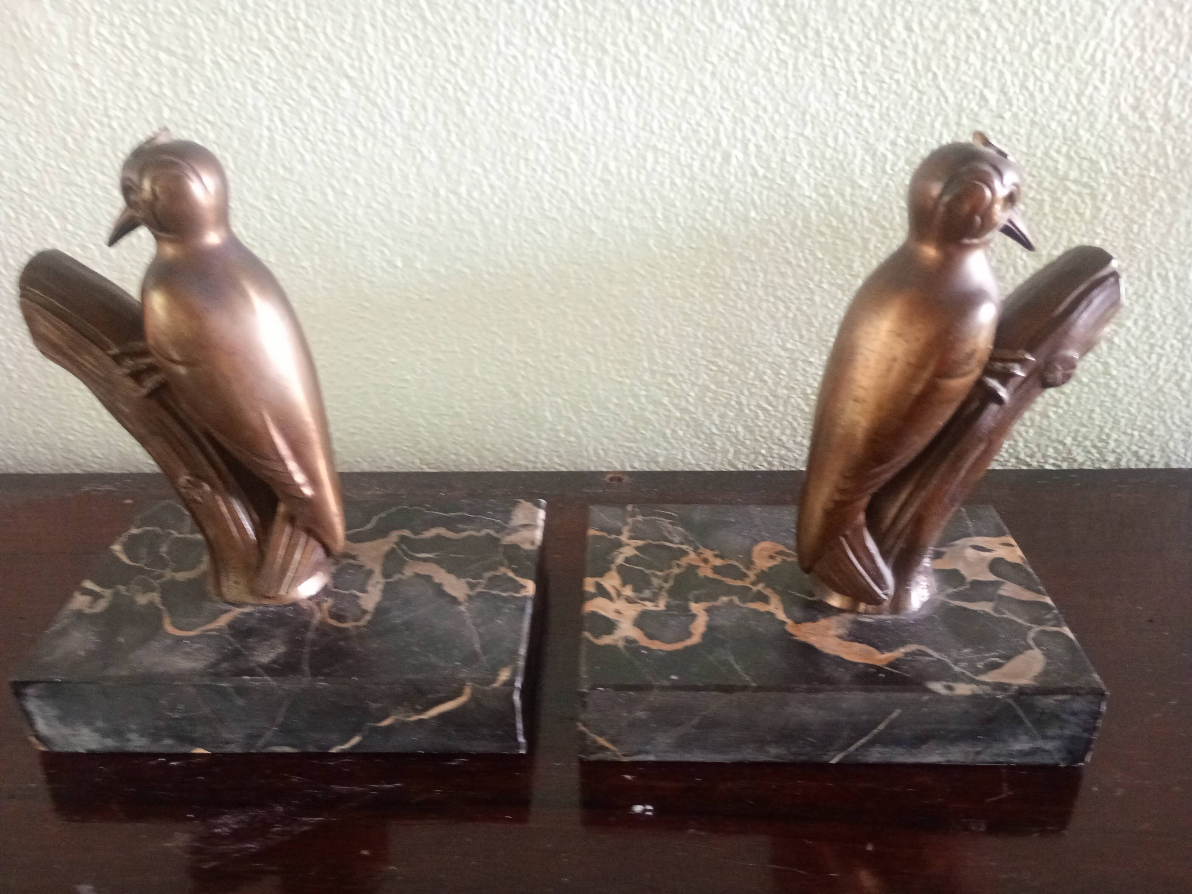 Frajou - Paire de Serre-livres aux oiseaux Pic & marbre portor