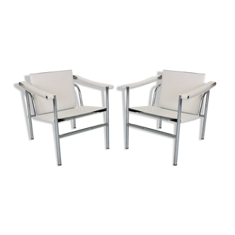 Set de 2 fauteuils en cuir blanc modèle LC1 Le Corbusier pour Cassina, années 1970