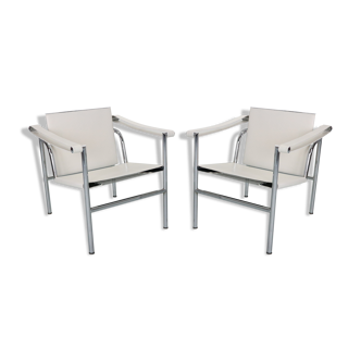 Set of 2 white leather armchairs model- LC1 Le Corbusier for Cassina, 1970s