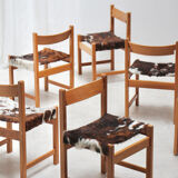 Series of 6 chairs in pine and cowhide 1970