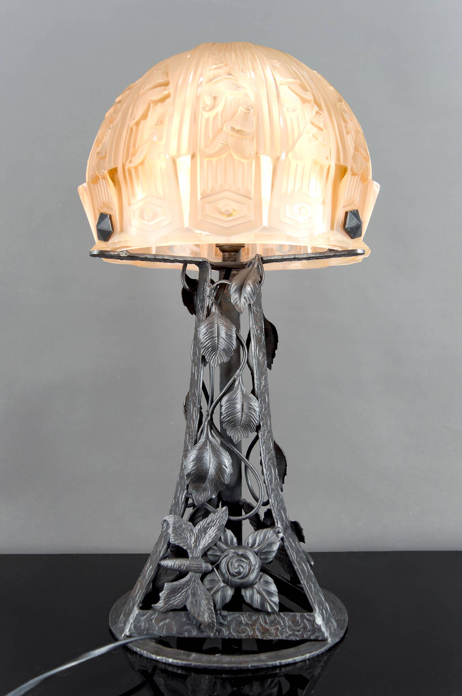Important Art Deco Wrought Iron Lamp, by Bartelemie, France, Circa 1925