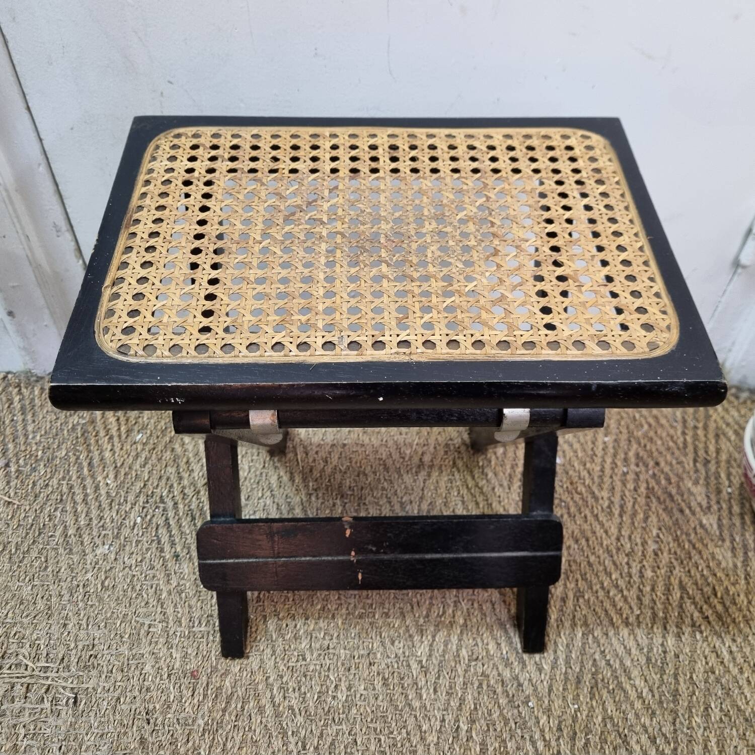 Cannage rattan footrest stool from 1970