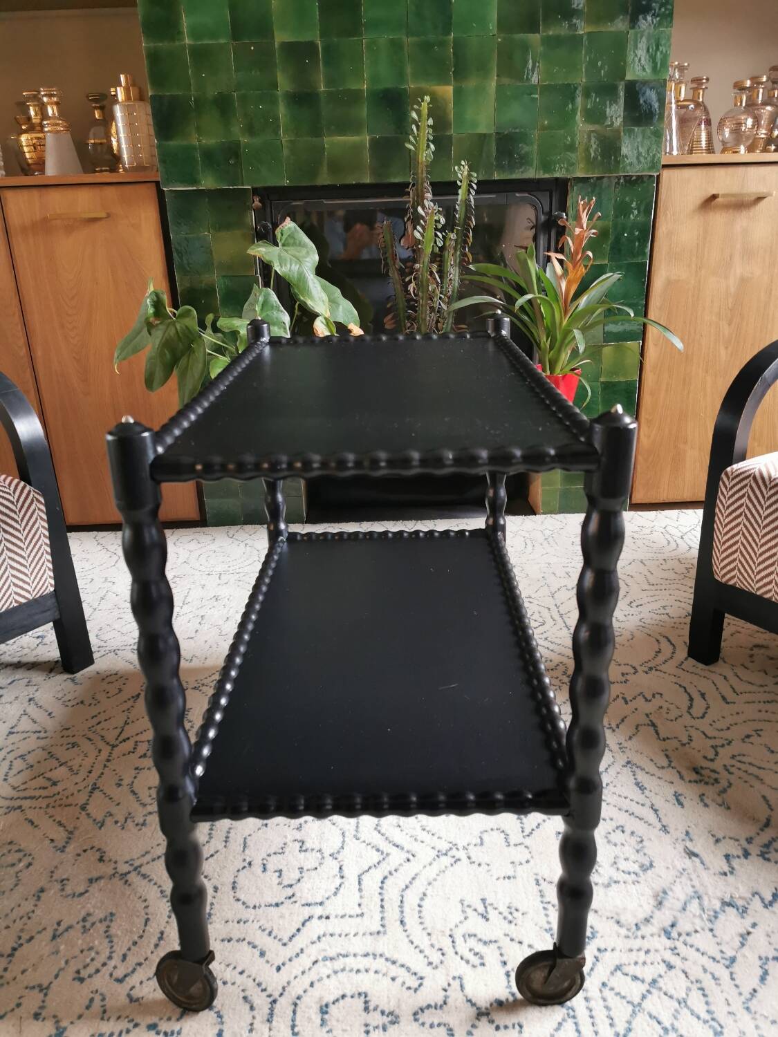 Vintage black rolling serving cart