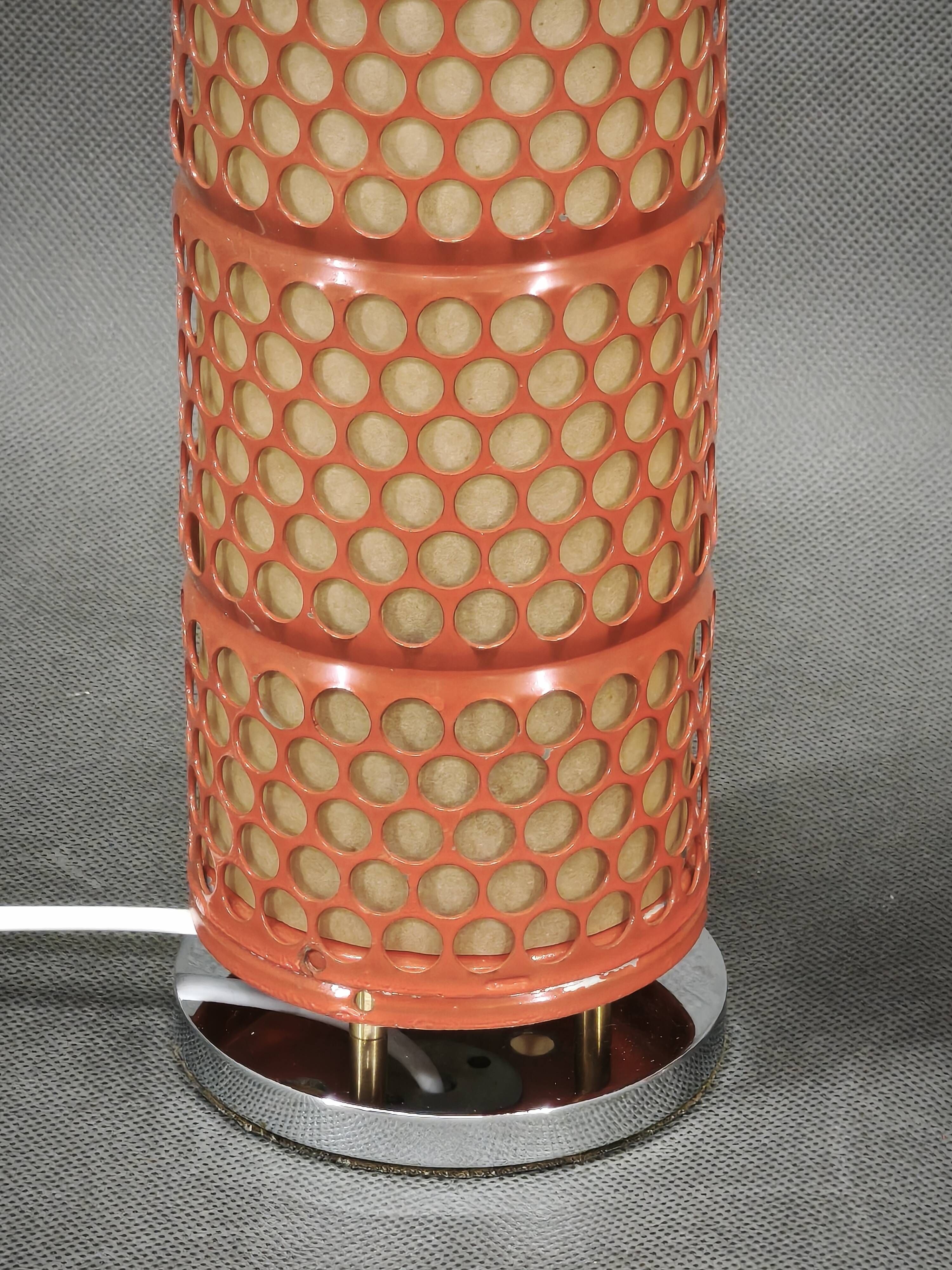 Pair of Red Perforated Metal Space Age Table Lamps, Czechoslovakia, 1970s