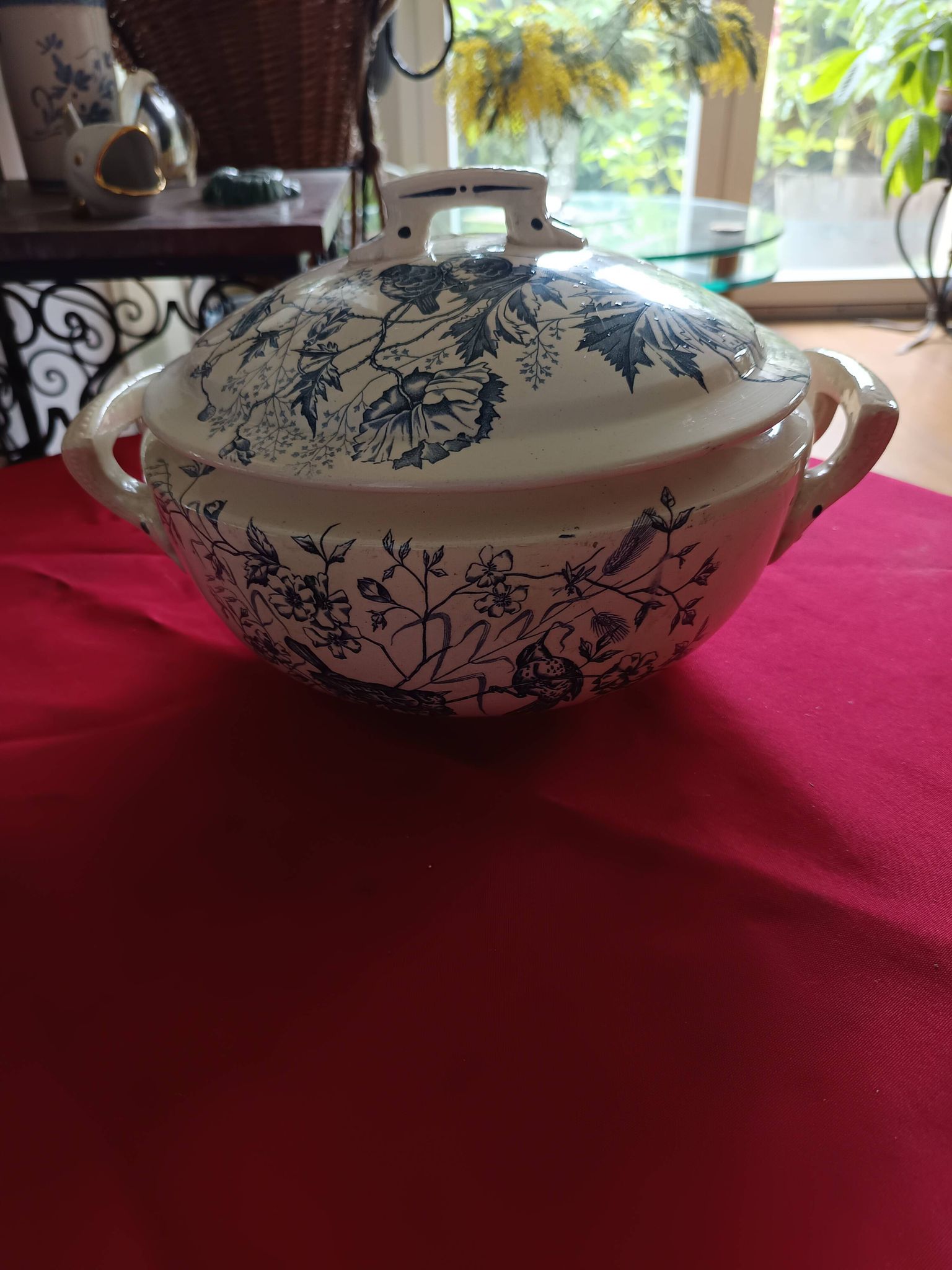 antique soup tureen Terre de Feu 1920/1930 with a decoration of birds and insects