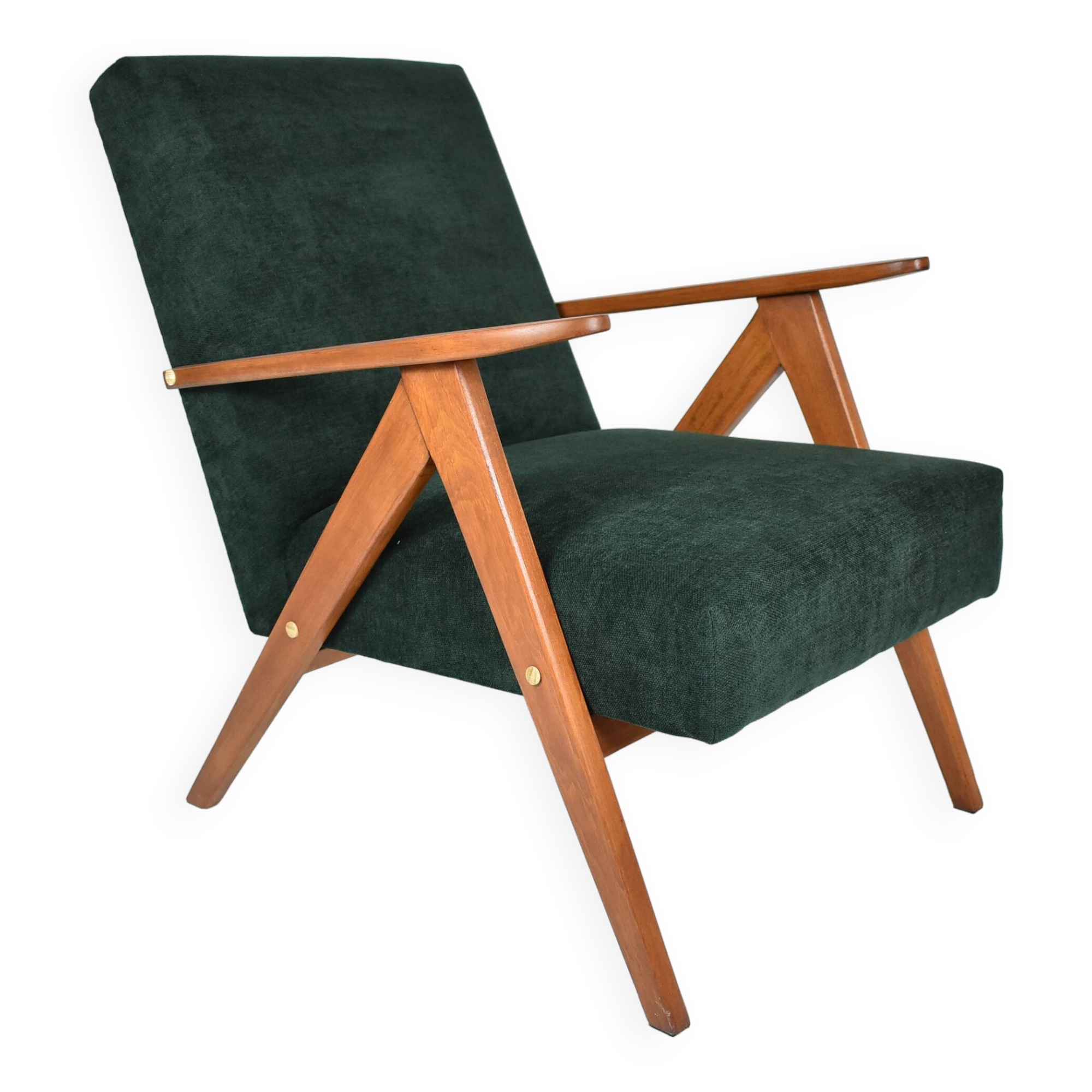 Fauteuil compas restauré, tissu vert forêt, bois de teck, 1960