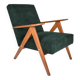 Fauteuil compas restauré, tissu vert forêt, bois de teck, 1960