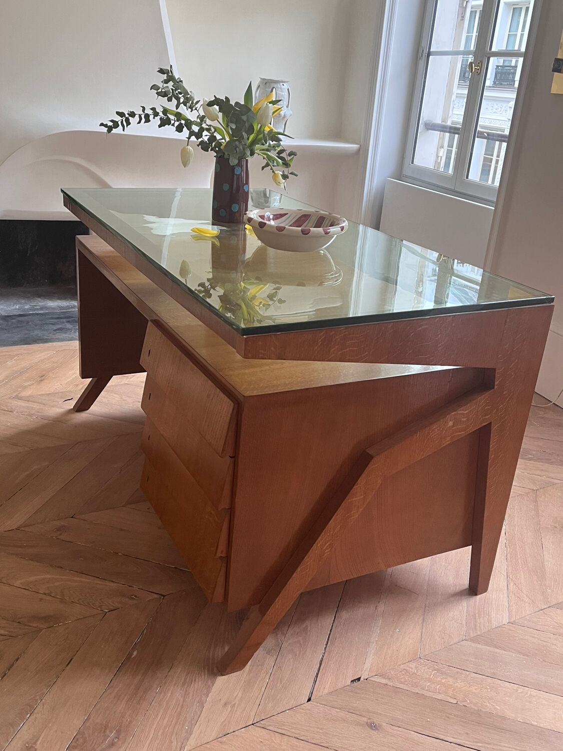 Mid-century Gio Ponti desk / Italian desk with a wooden and glass top