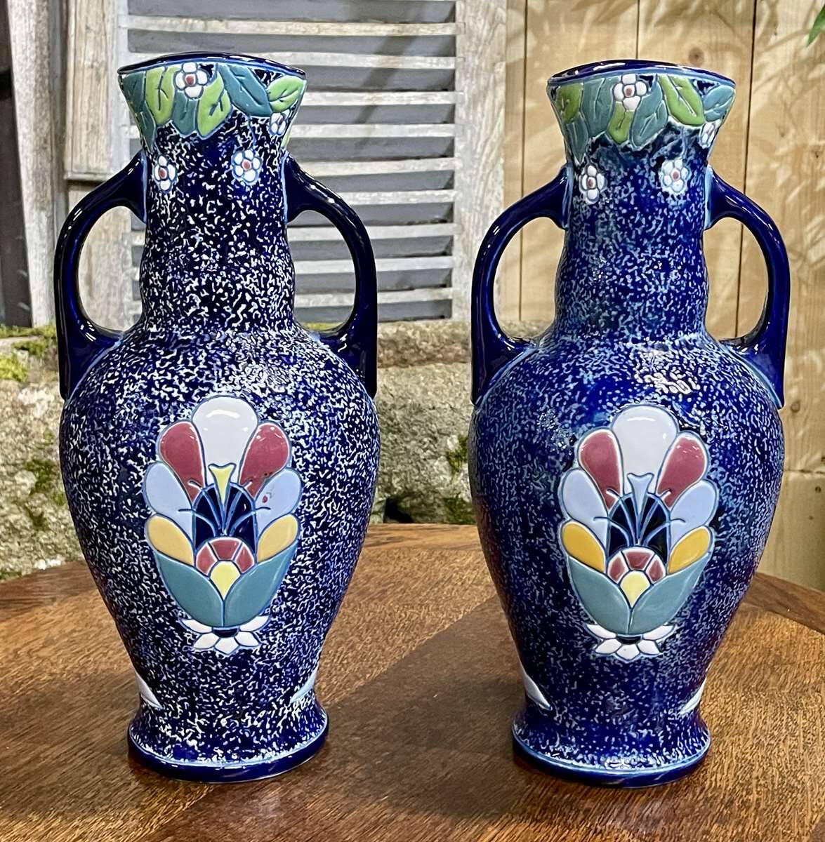 Pair of art deco enameled earthenware vases signed Amphora - Made in Czechoslovakia