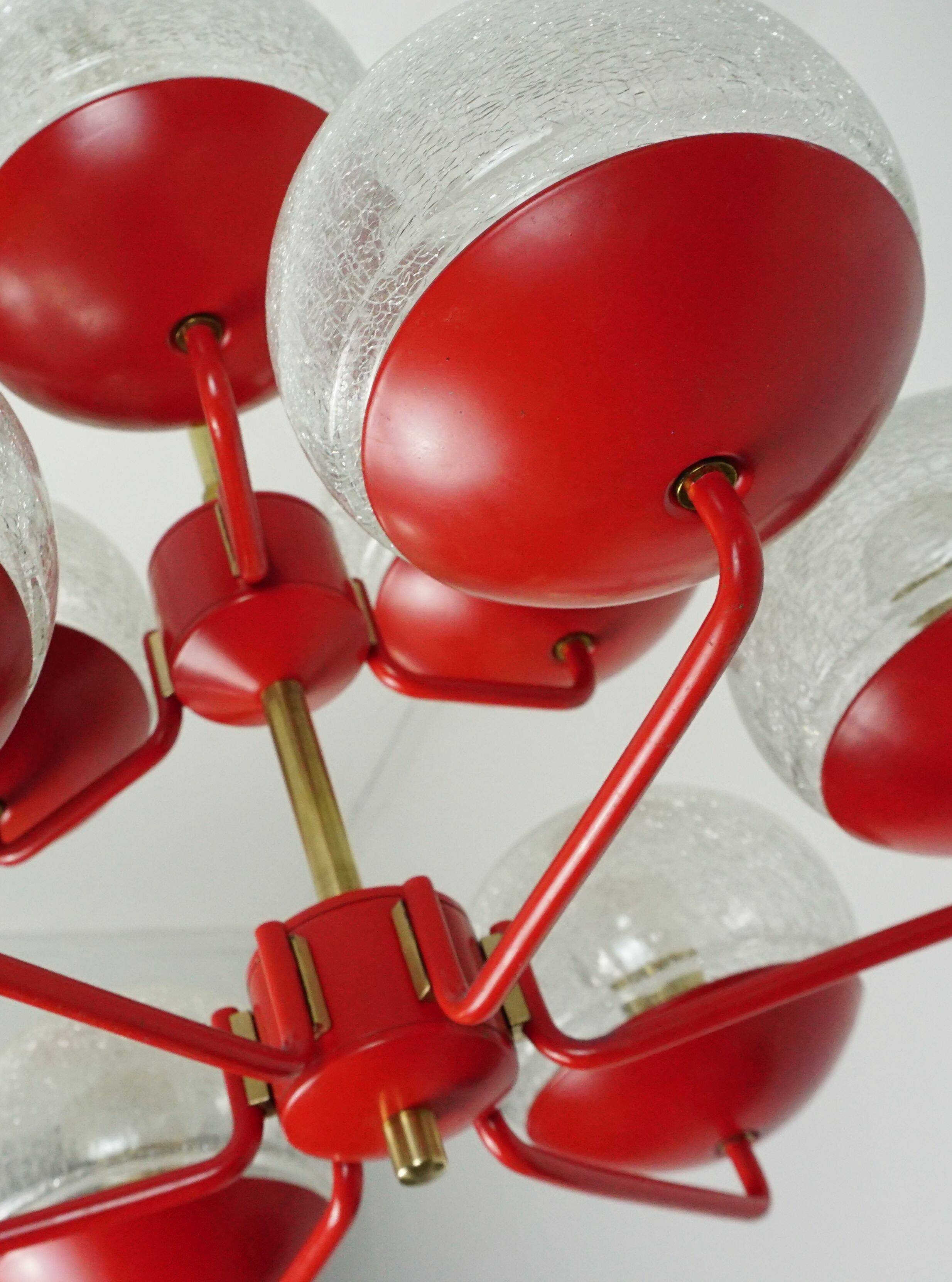 1960s chandelier, red metal and brass, 9 crackle glass shades