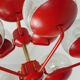 1960s chandelier, red metal and brass, 9 crackle glass shades