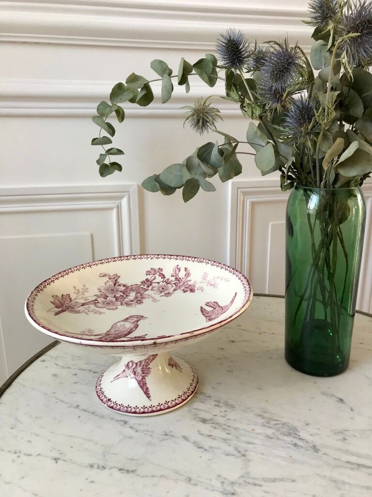 Compotier high in Terre de Fer Longwy model "Mésange" pink 1880 - XIXth