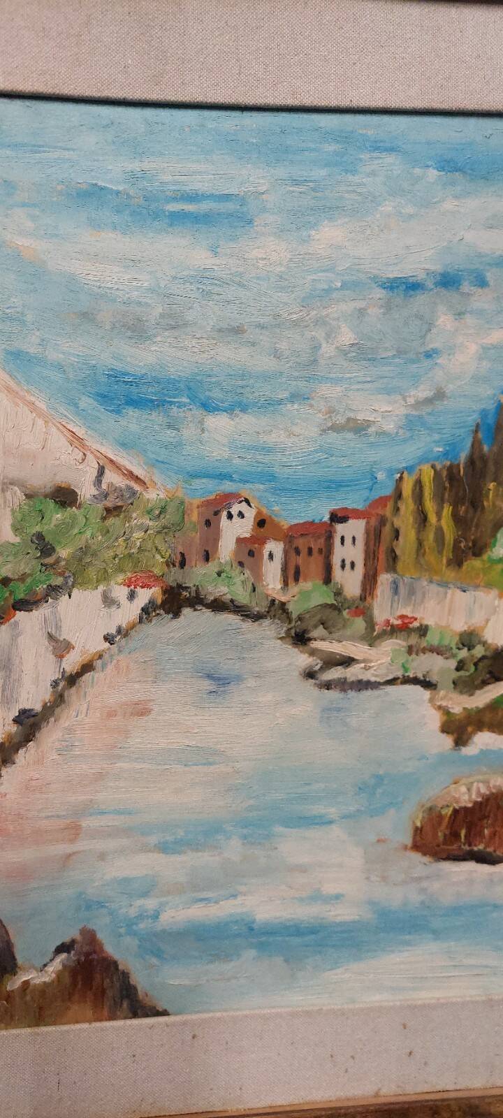 Rare oil painting Giuseppe Serafini view of the Arno Montelupo Fiorentino 1962