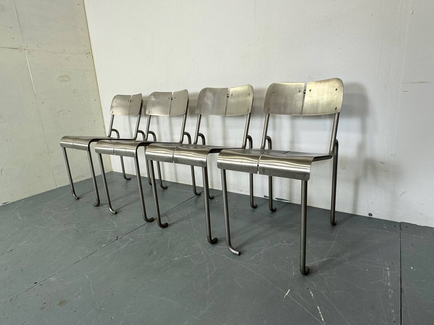 Memphis Architectural Stainless Steel French Dining Chairs, 1980s Set of 4