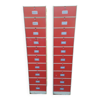 Set of 2 industrial metal locker furniture ronéo 1950 - red beige gray