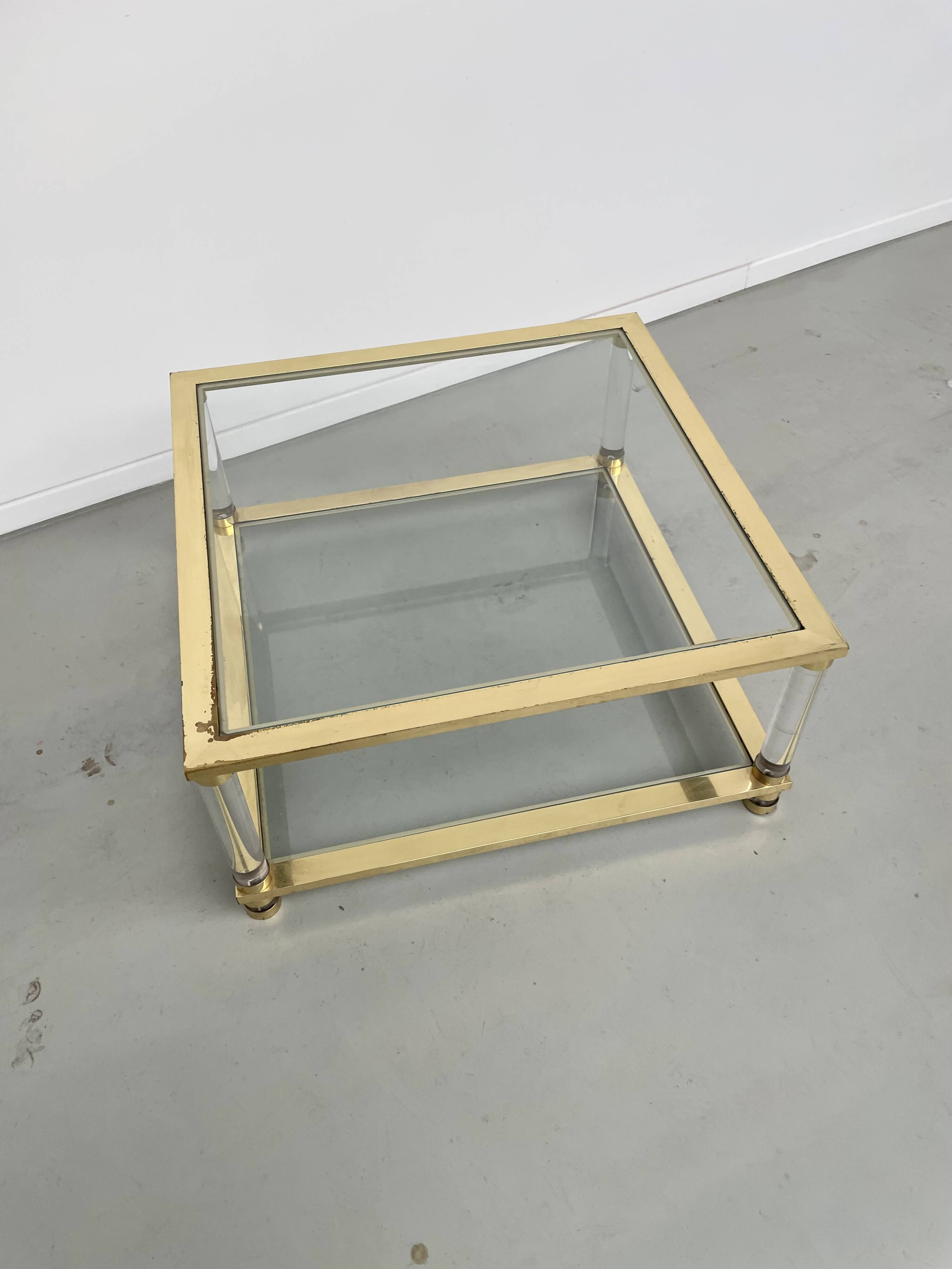 1970s lucite, brass and glass coffee table
