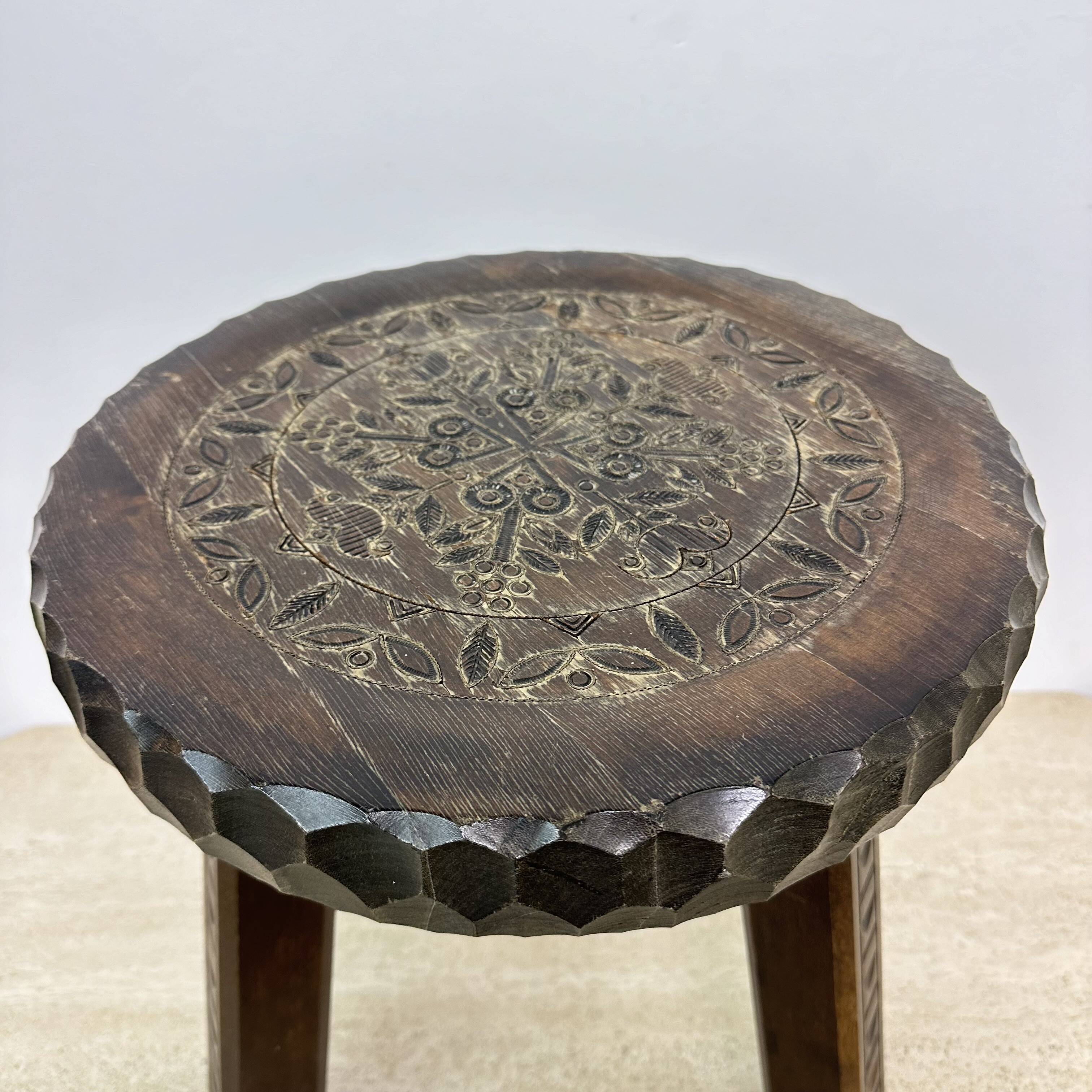 Hand carved solid oak brutalist stool , 1970s
