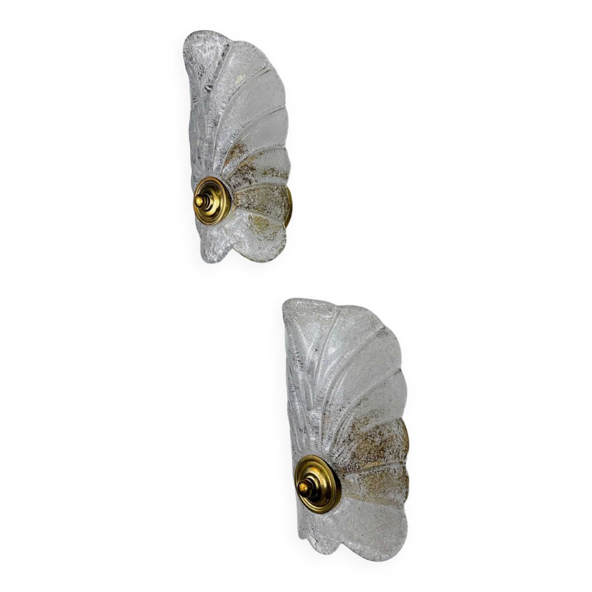 Pair of Murano frosted leaf sconces, textured glass & gilt details, Italy 1970s