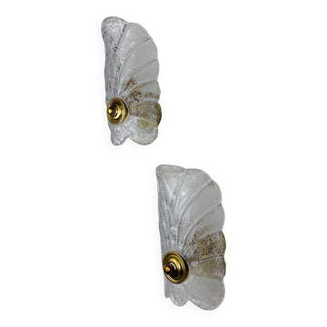 Pair of Murano frosted leaf sconces, textured glass & gilt details, Italy 1970s