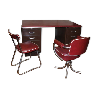 Bureau industriel Roneo bordeaux avec son fauteuil et sa chaise