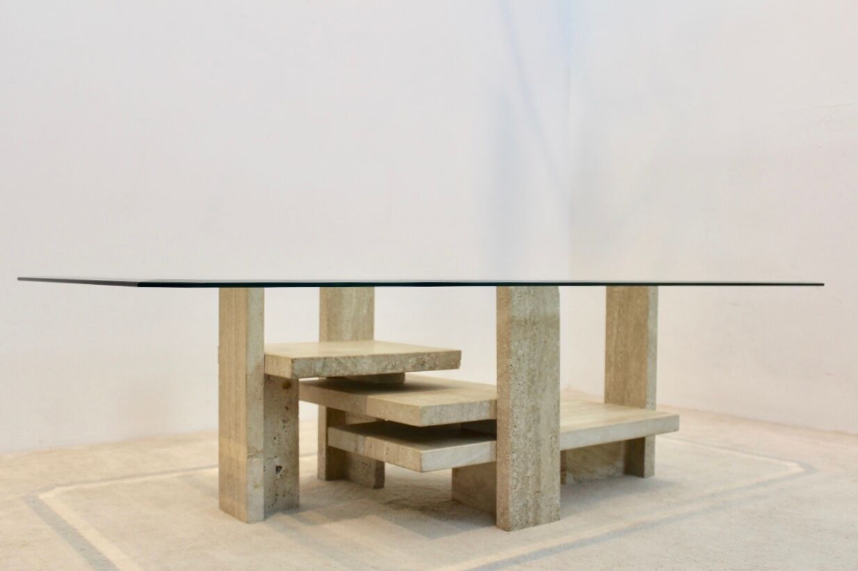 Willy Ballez travertine and cubist glass sculptural coffee table