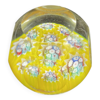 Sulfide, murano crystal paperweight, millefiori decoration, colorful flowers, cut sides, italy