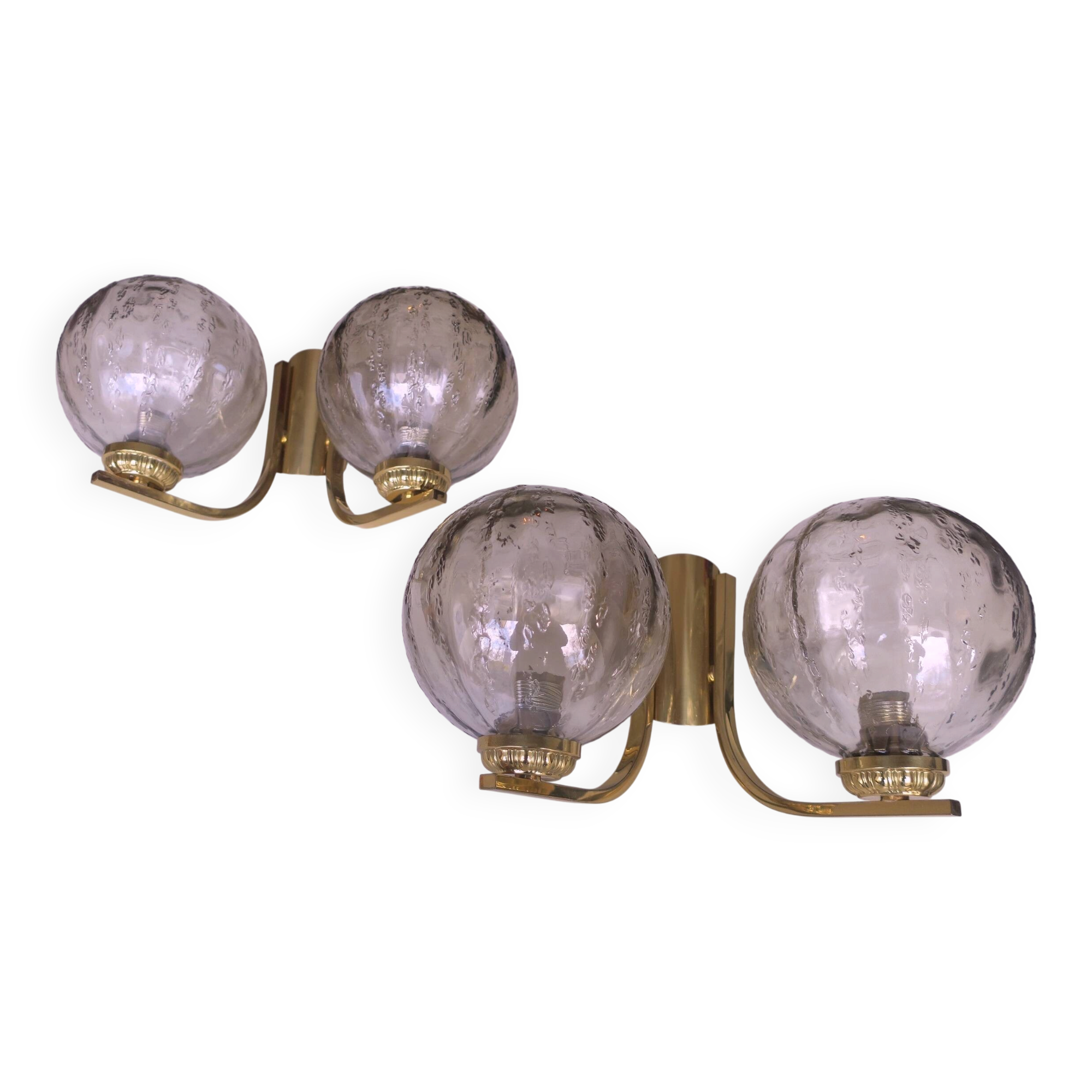 Mid century pair of brass and glass double wall lights, 1970s
