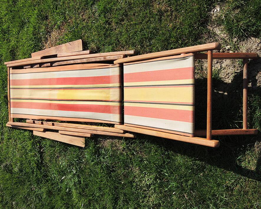 Old Wooden and Bayadere Canvas Deckchair