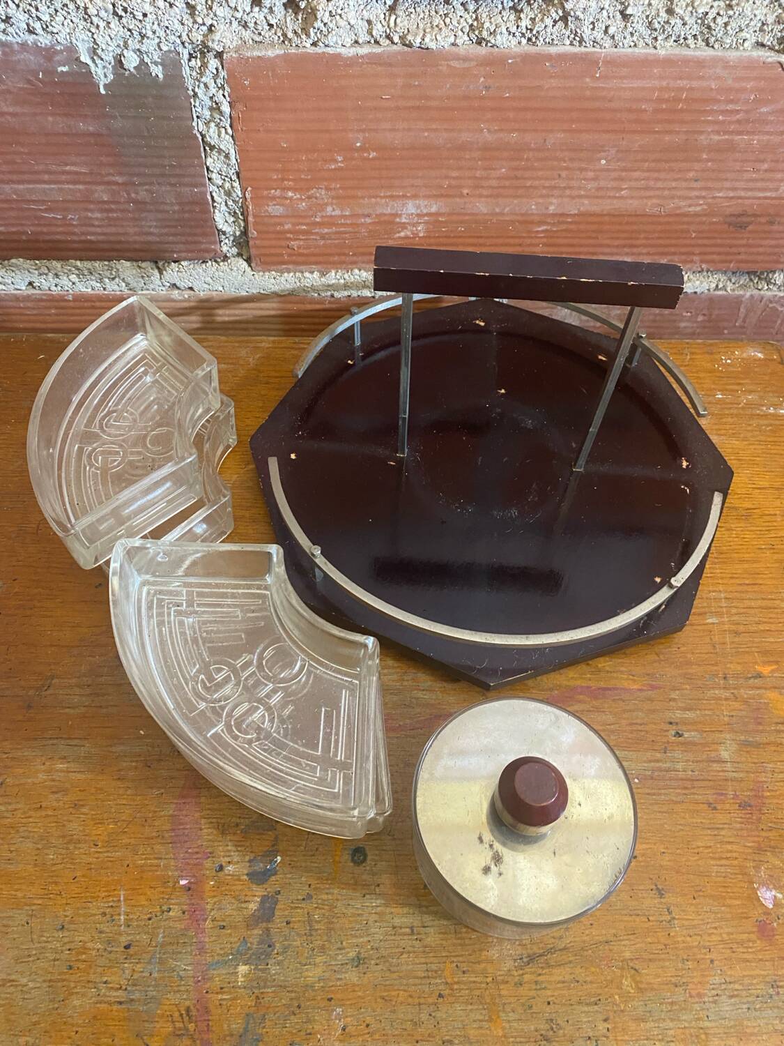 Serving Tray Wood & Chrome + Molded Glass Bowls Kitchen Wine