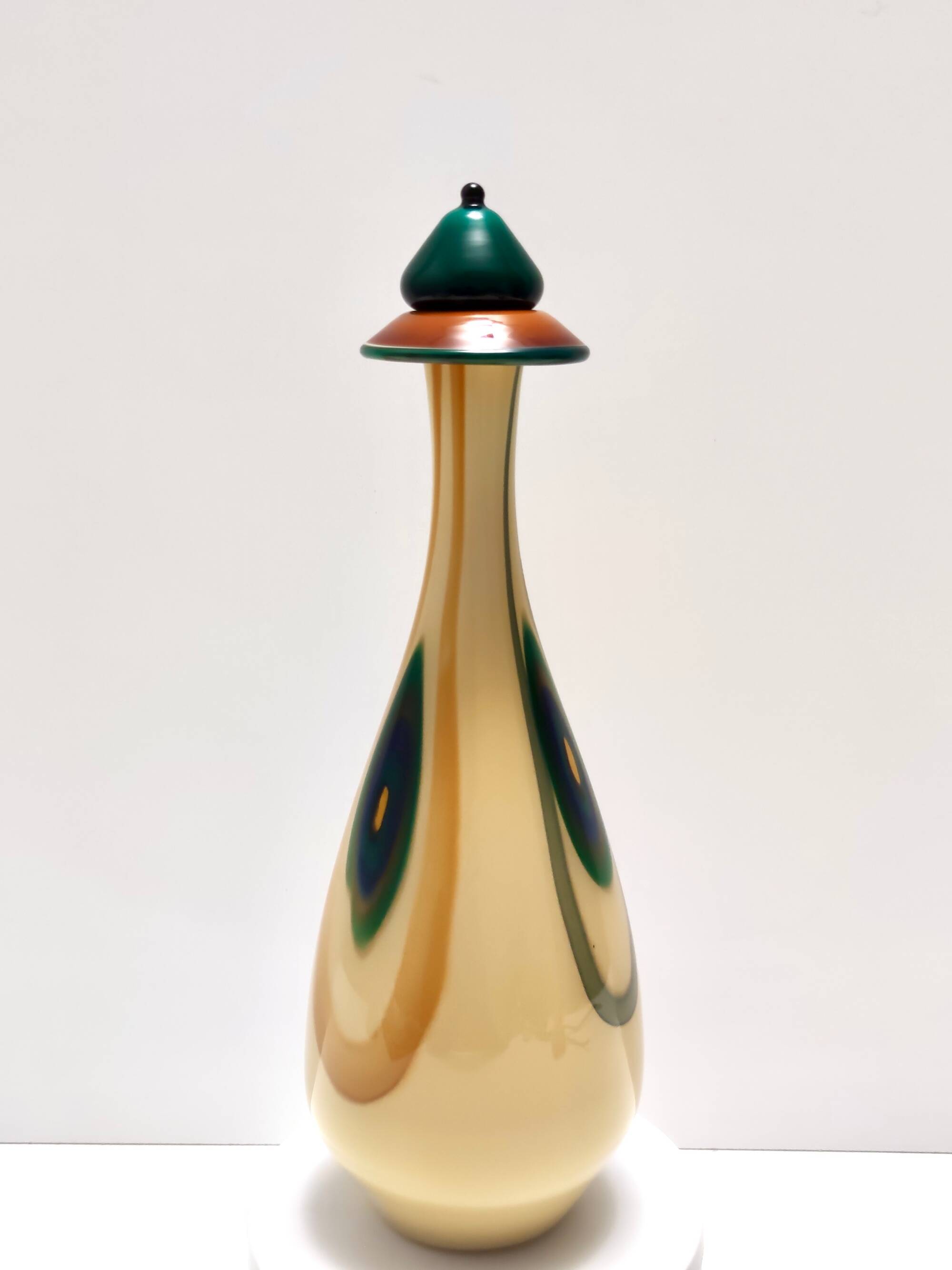 Beige Encased and Hand-blown Glass Decanter Bottle, Italy