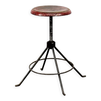 Tabouret pivotant vintage en métal et bois d’usine industrielle, années 1950