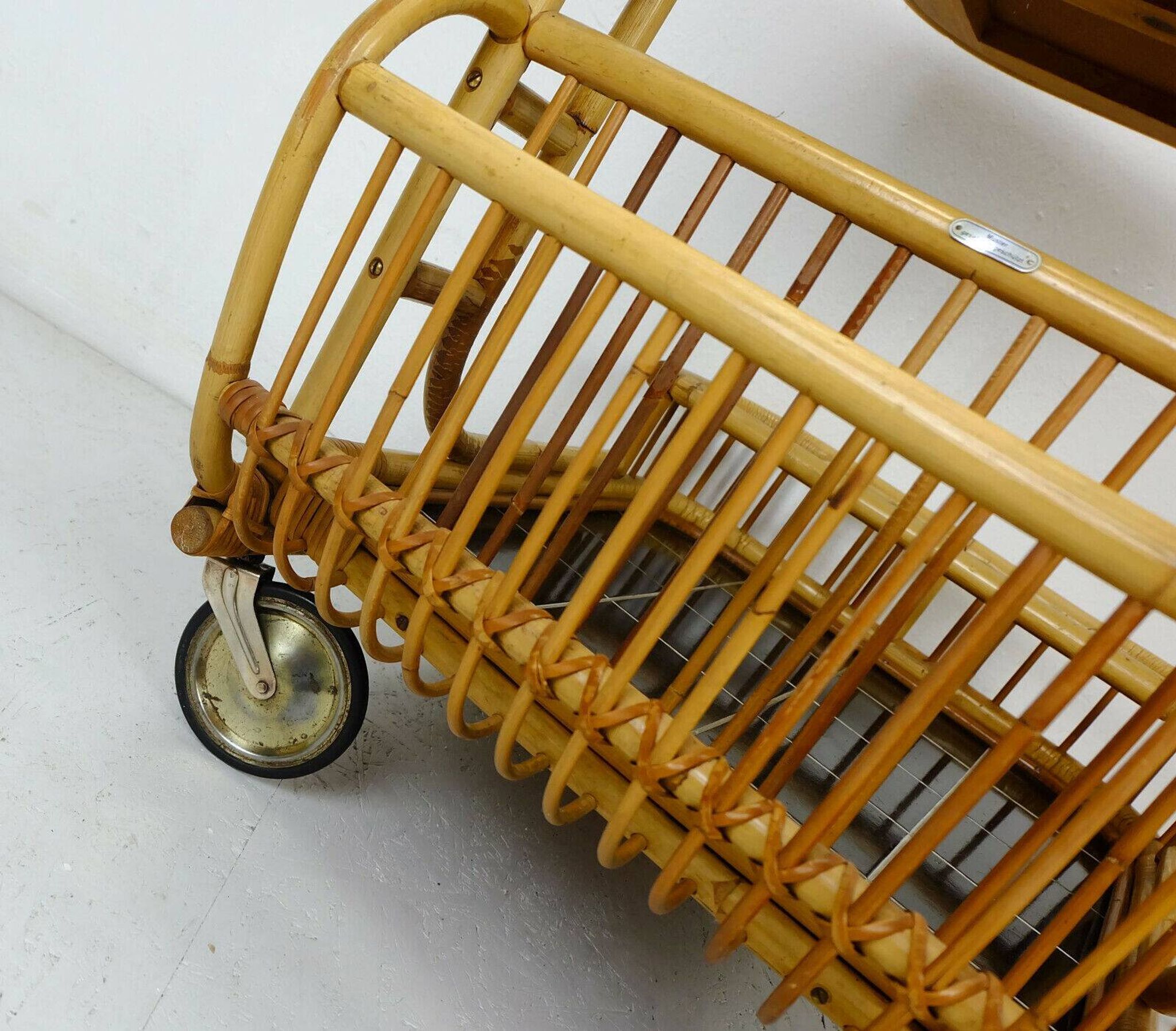 1950s mid century trolley serving cart bamboo wicker black formica