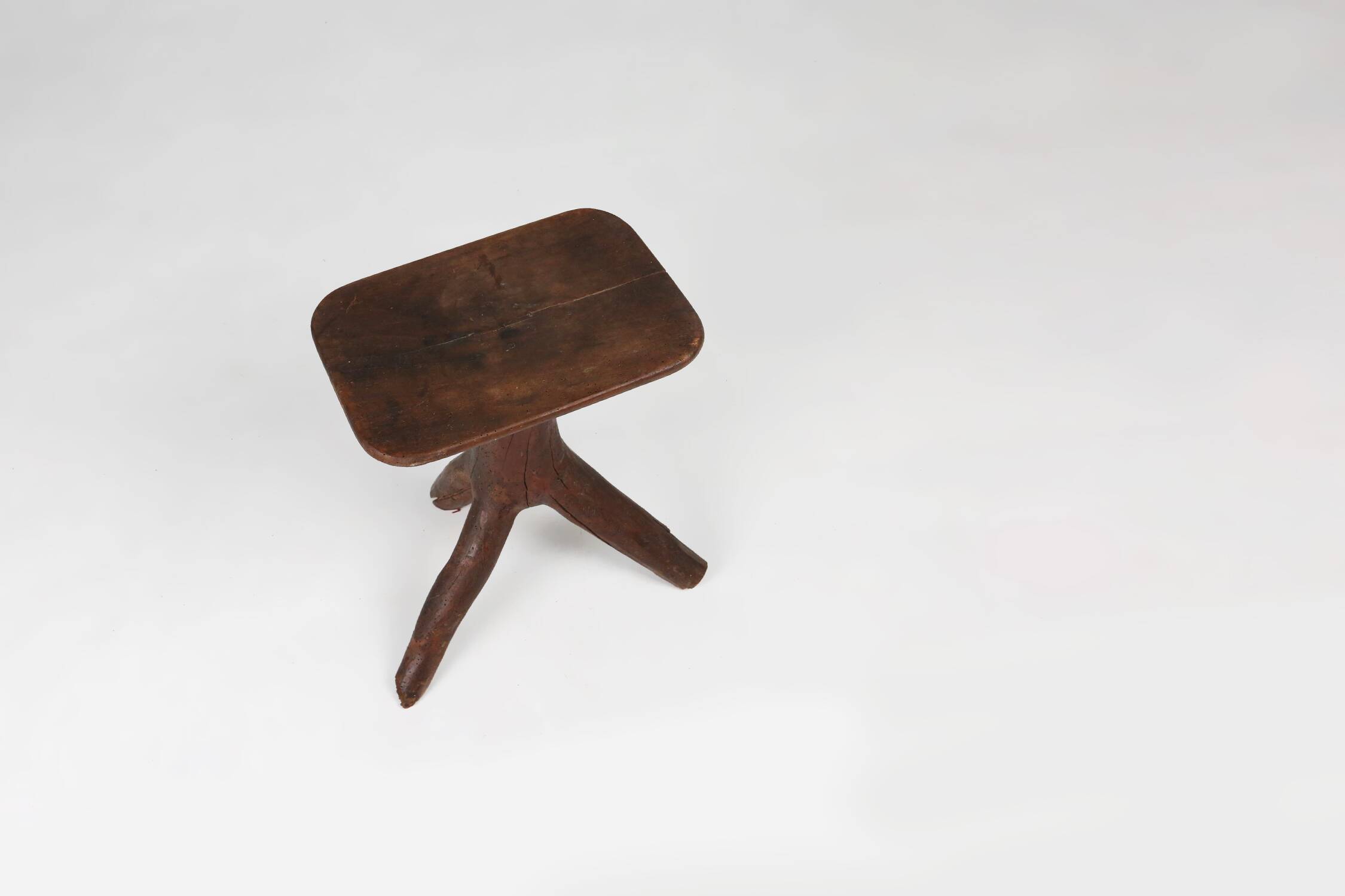 Rustic mid-century wooden stool with legs made of a tree branch, France, 1850