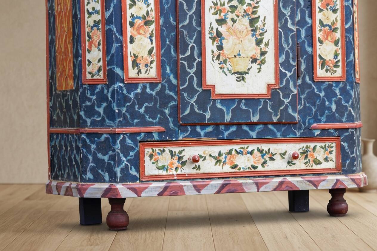 Antique hand-painted Baroque chest folk art cabinet dated solid wood Central Europe, 1865