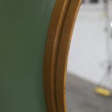 Unusual round wall mirror 60 cm teak edge on green rectangular board 1960.