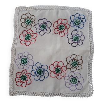 Vintage linen placemat embroidered flowers