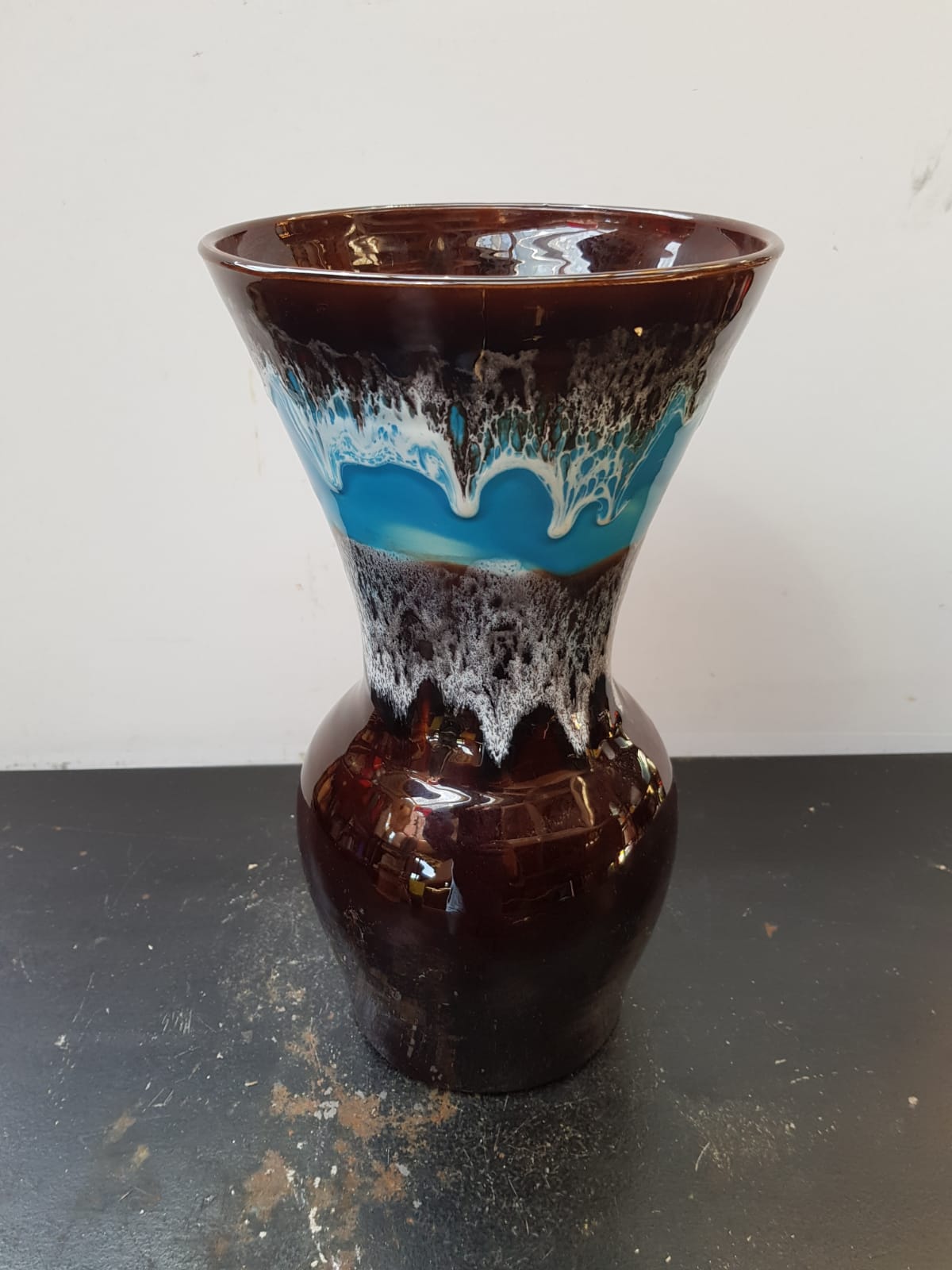 Old vase vallauris fady large model ceramic brown blue drips vintage