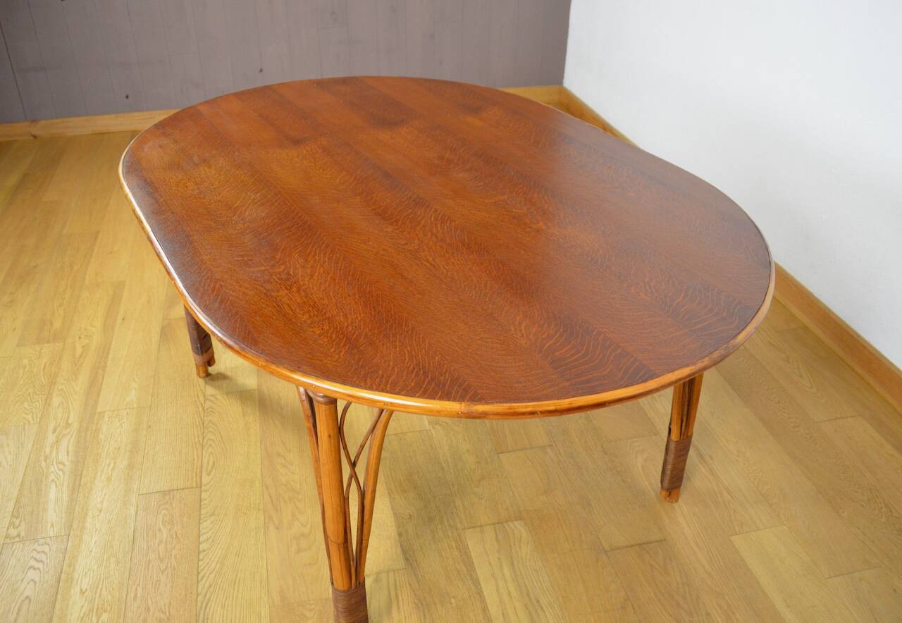 Vintage Oval Bamboo and Rattan Dining Table 1980