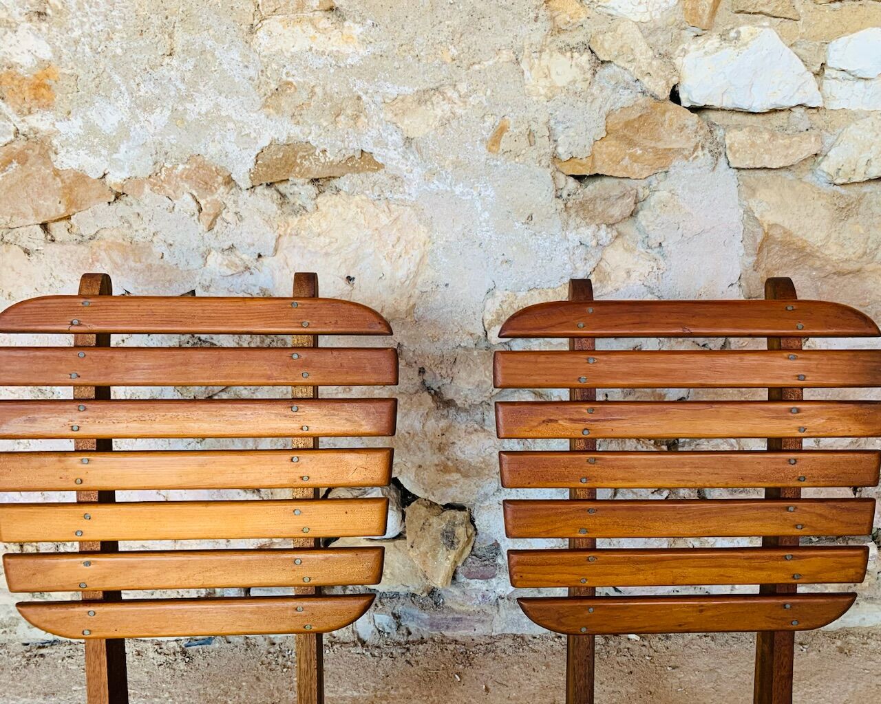 Pair of vintage folding chairs with slats, 1950-1960