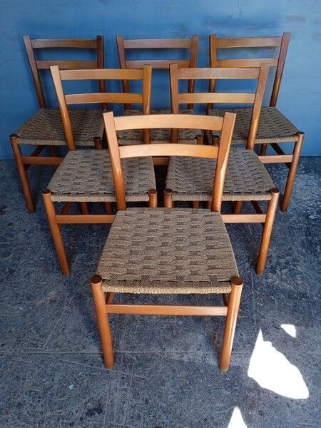 6 Scandinavian chairs wood and rope period 1960
