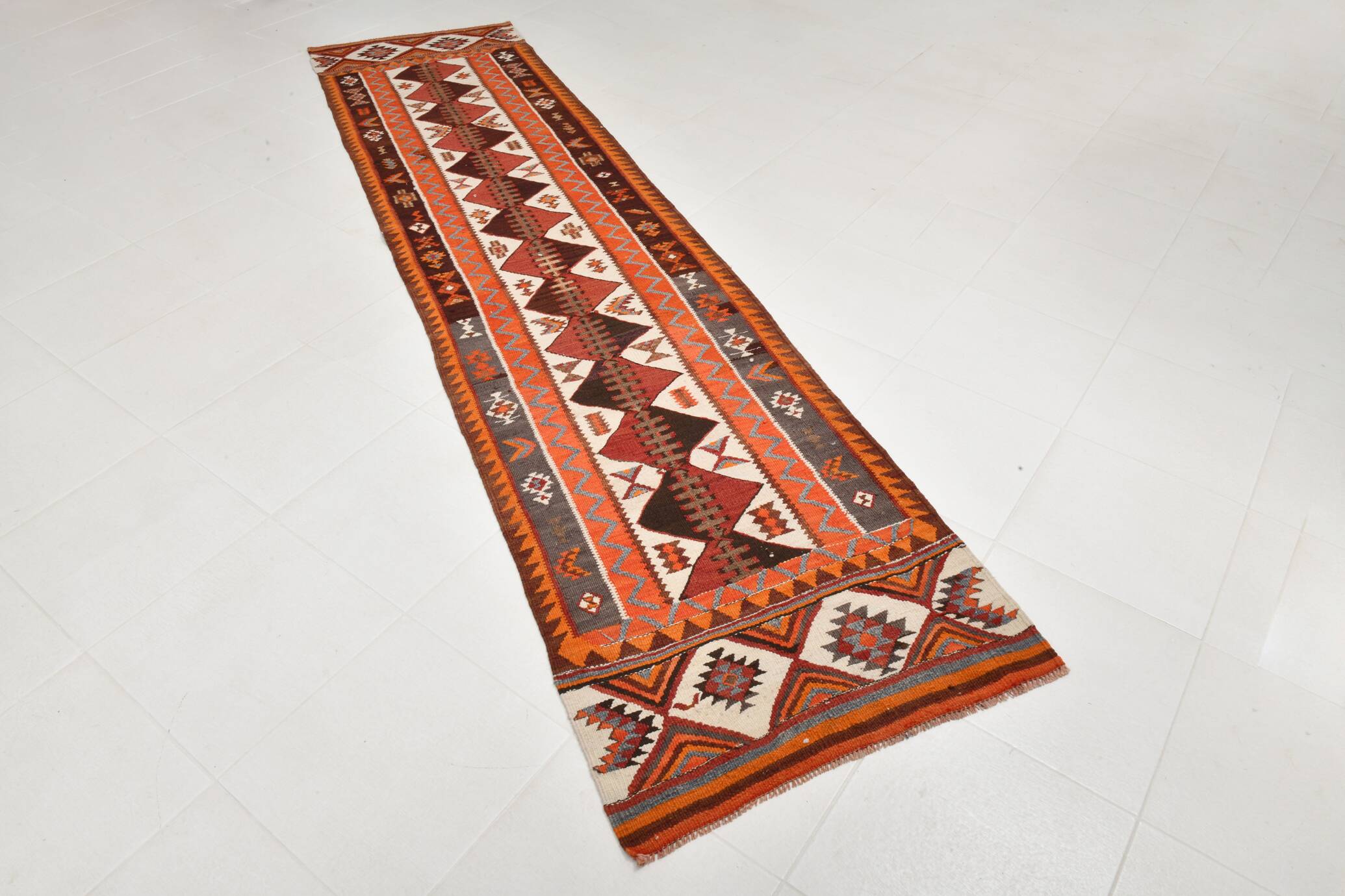 Orange & Brown Vintage Kilim Runner Rug, Oriental Pattern Hallway Carpet