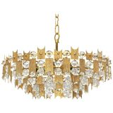 Impressive large chandelier in gilded brass and crystal glass by Palwa Germany, 1960s.