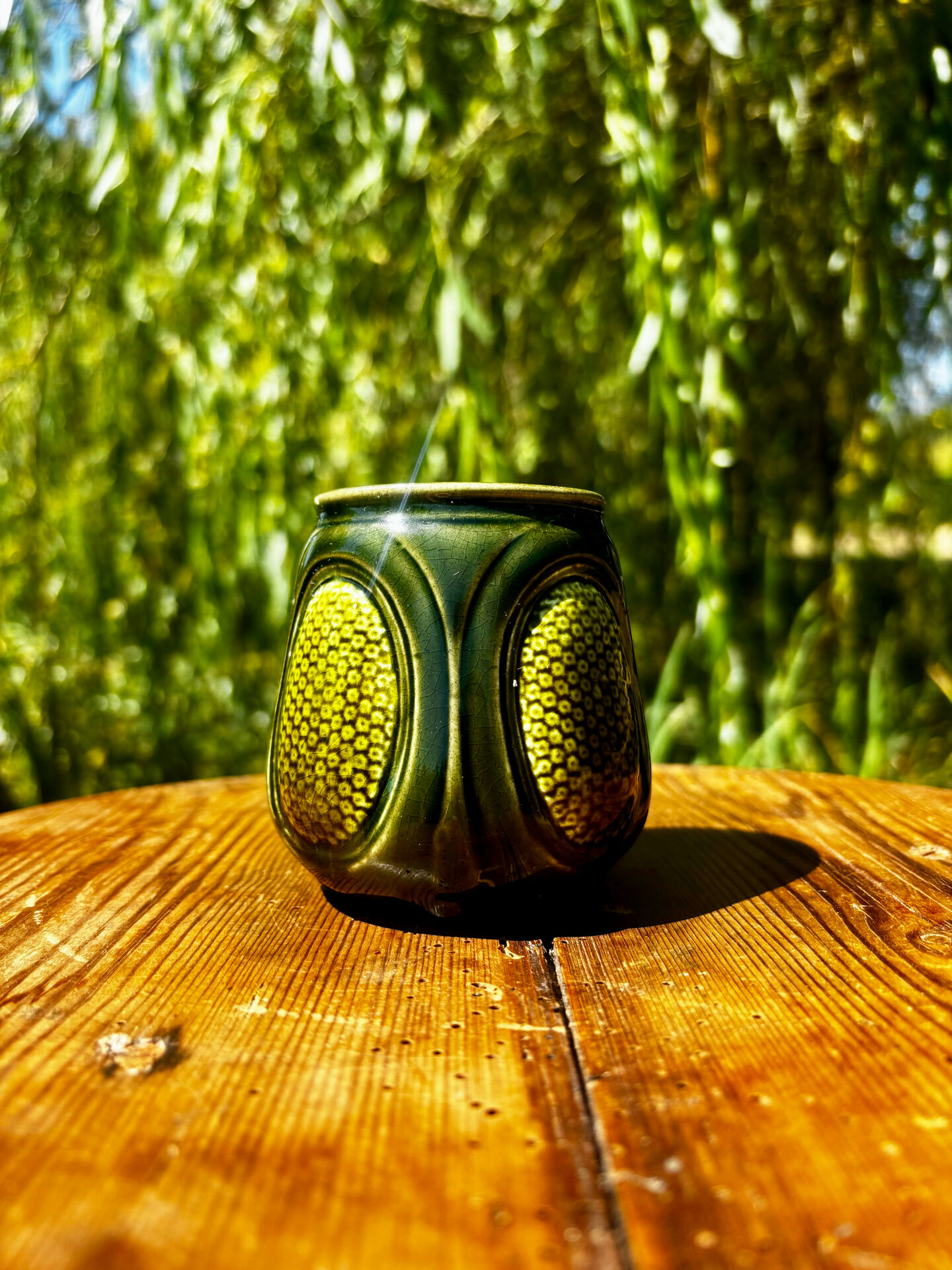 Pretty little antique pot, Majolica Sarreguemines green slipware.