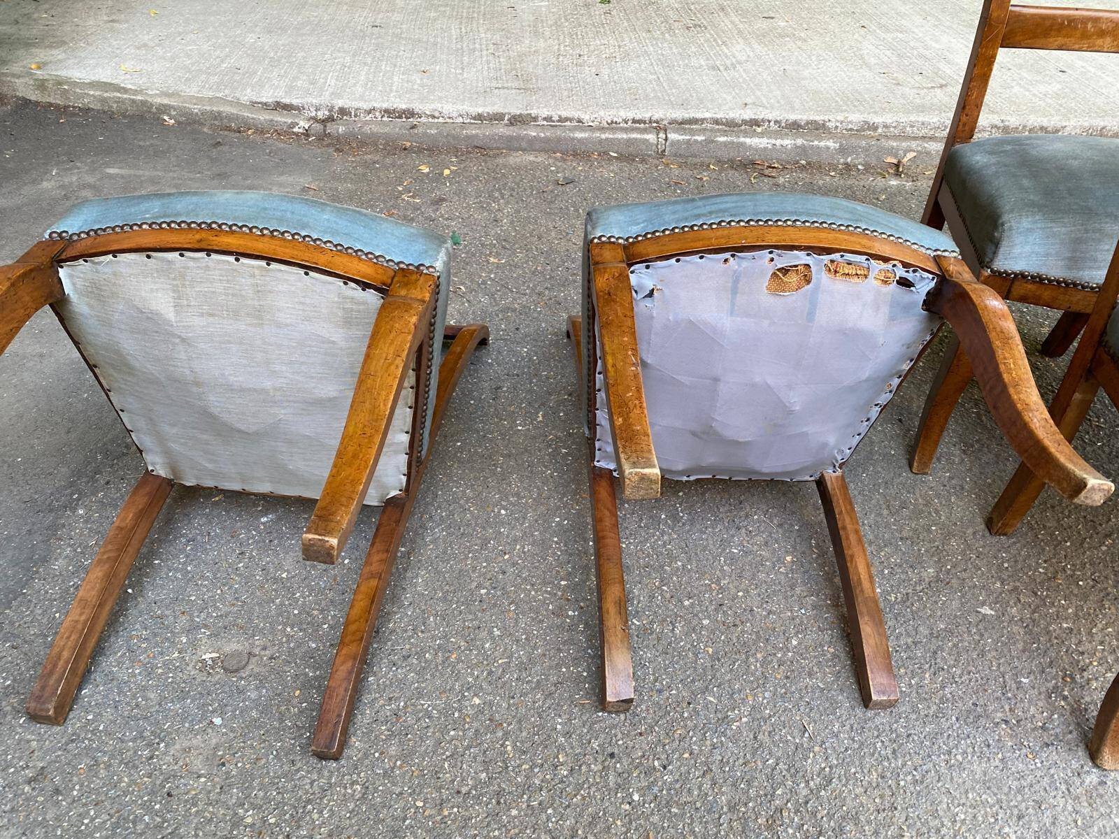 6 Biedermeier chairs in solid walnut and blue velvet, 1840