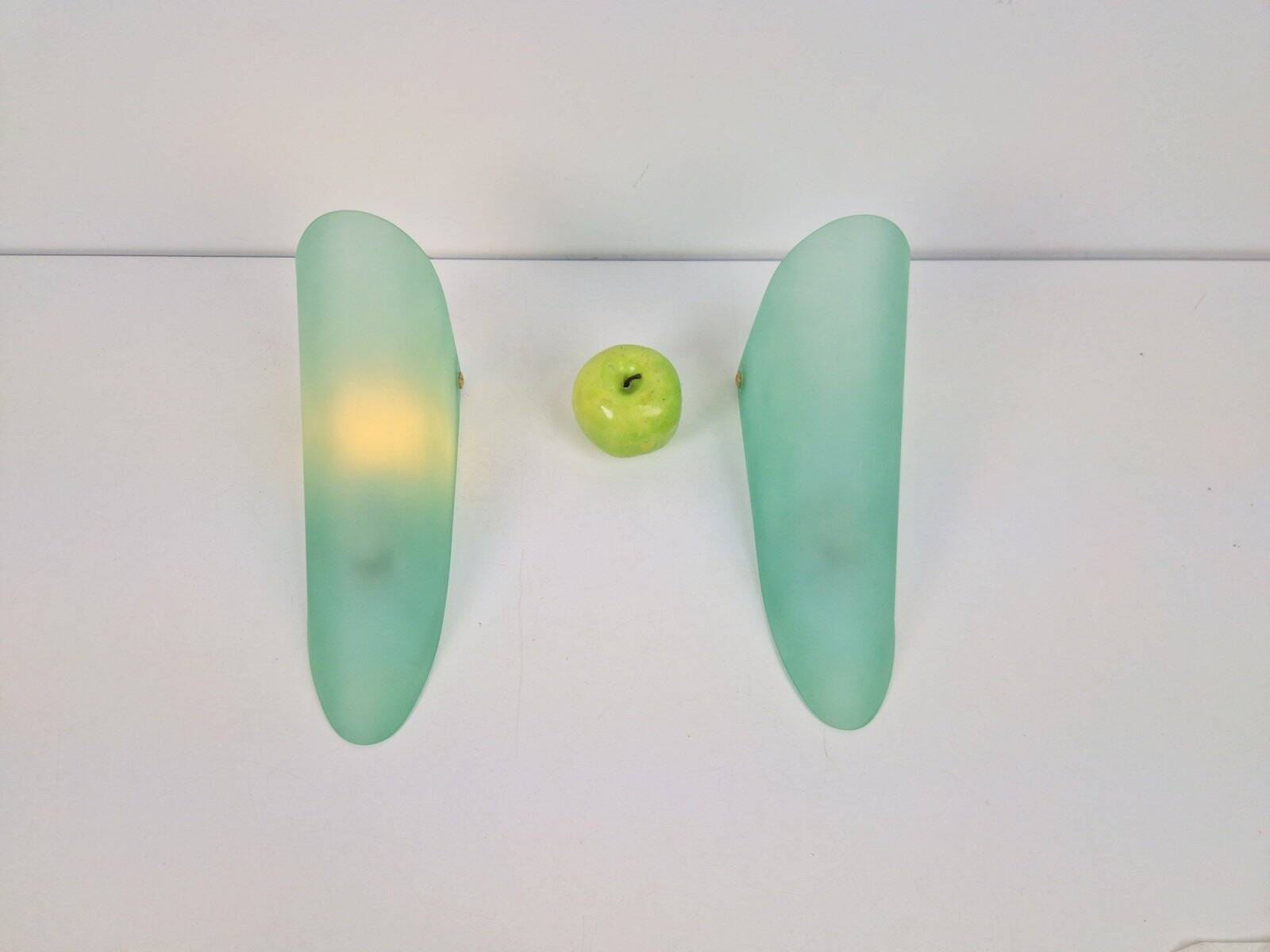 Vintage Triangular Conical Wall Sconces in Green Frosted Glass, 1990s, Set of 2